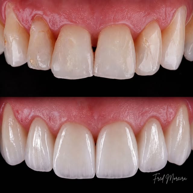Antes e depois de facetas em resina composta, caso do Fred Moreira